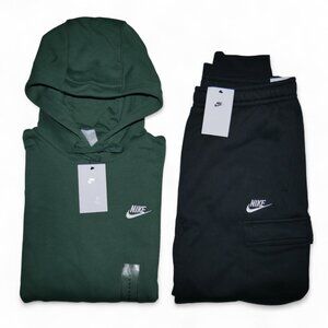 Nike Club Fleece 2 PC Sweatsuit Mens Size M Cargo Tracksuit Dark Green Black NWT